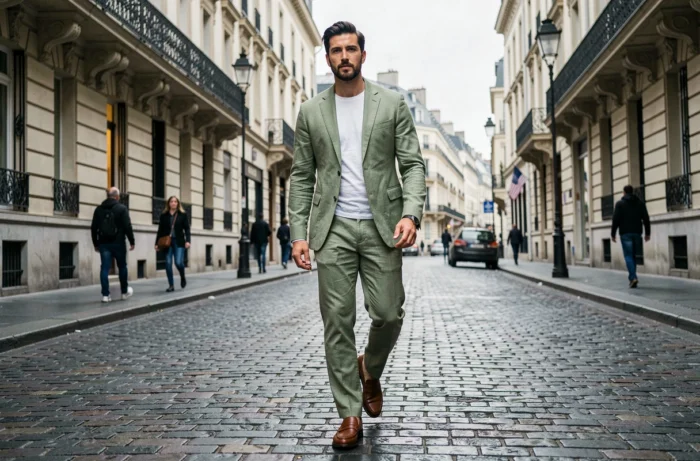 Homme en costume lin vert sauge marchant avec assurance sur une rue pavée urbaine aux façades haussmanniennes