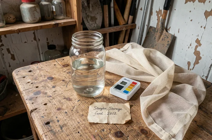 Bocal d'eau de pluie avec kit de test pH et étiquette de conservation sur établi en bois