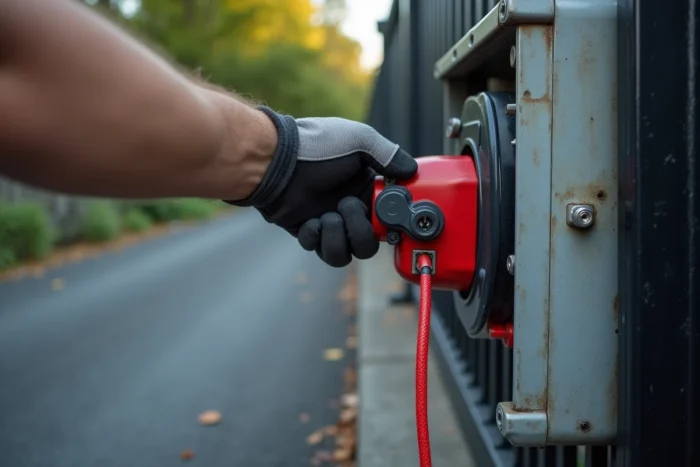 Gros plan sur la tirette de débrayage manuelle rouge d'un moteur de portail Faac lors d'une procédure de déverrouillage d'urgence