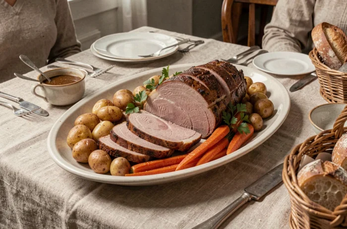 Tranches de rôti de porc en cocotte dressées sur un plat ovale avec légumes rôtis sur une table familiale