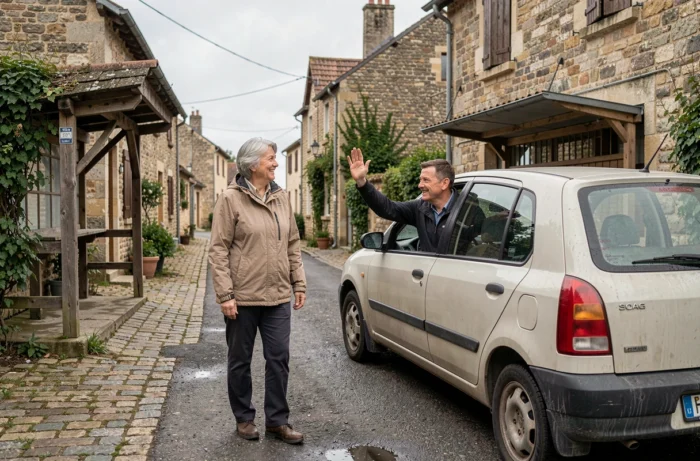Femme senior bénéficiant d'un transport solidaire dans un village rural français, accueillie par un conducteur bénévole devant une maison en pierre