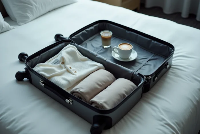 Valise cabine ouverte sur un lit d'hôtel avec de la vaisselle soigneusement rangée entre des vêtements avant un vol Air France