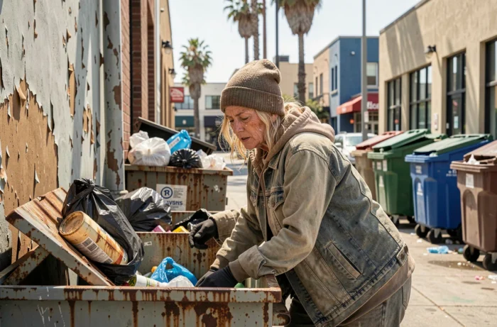 Femme cherchant des ressources dans une ruelle de Los Angeles, illustrant la réalité de la vie dans la rue en Californie