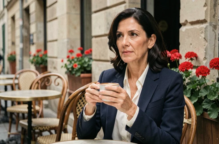 Femme élégante assise en terrasse de café parisien, évoquant la vie privée et le quotidien discret d'une personnalité publique française