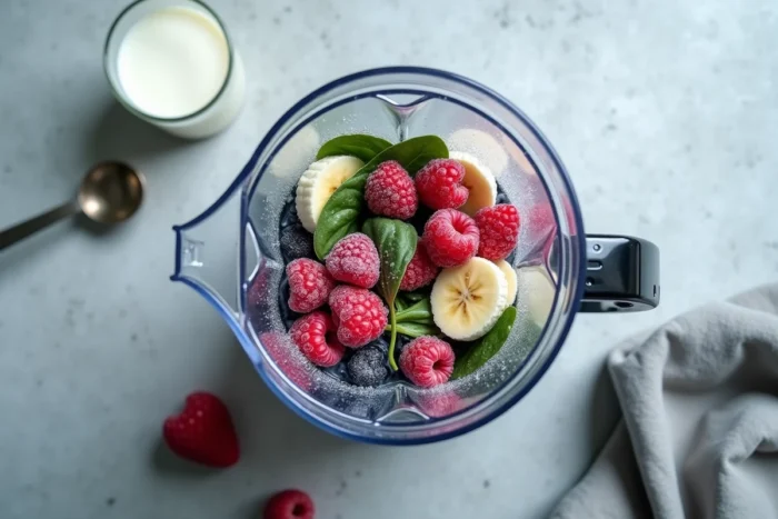 Vue de dessus d'un blender rempli de fruits congelés colorés prêts à être mixés